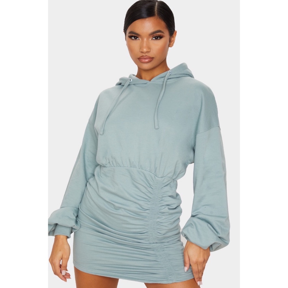 NWOT Dusty Blue Ruched Skirt Hoodie Dress, Size 10, from Pretty Little Thing